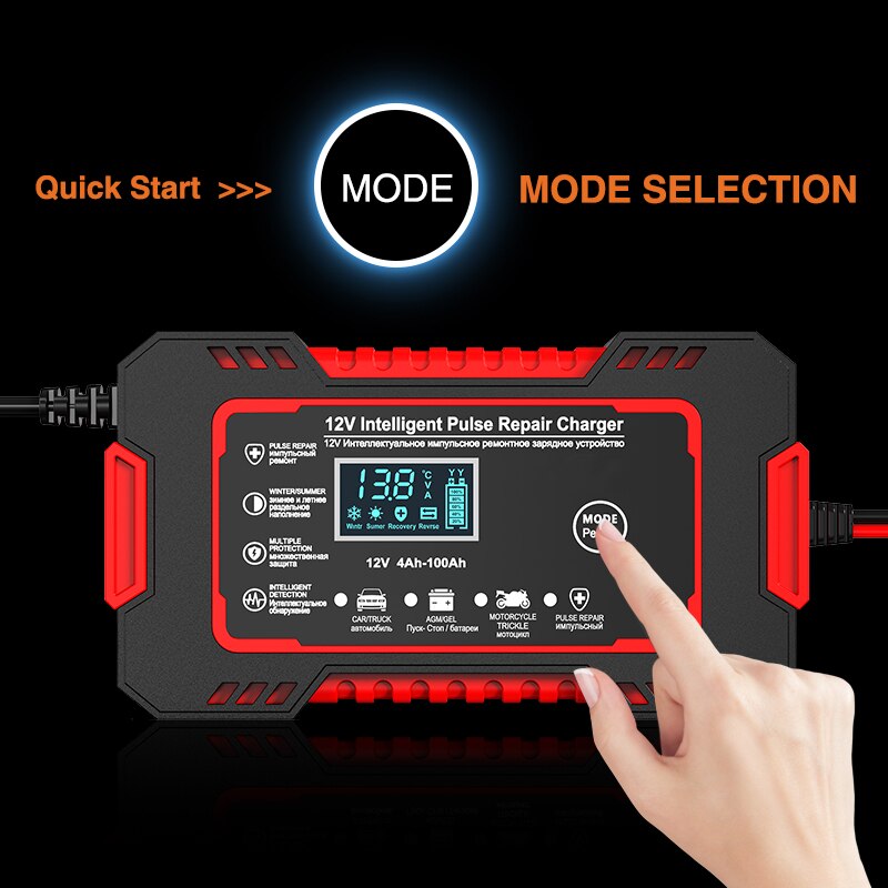 Compact 12V 6A Auto Battery Charger with LCD Screen