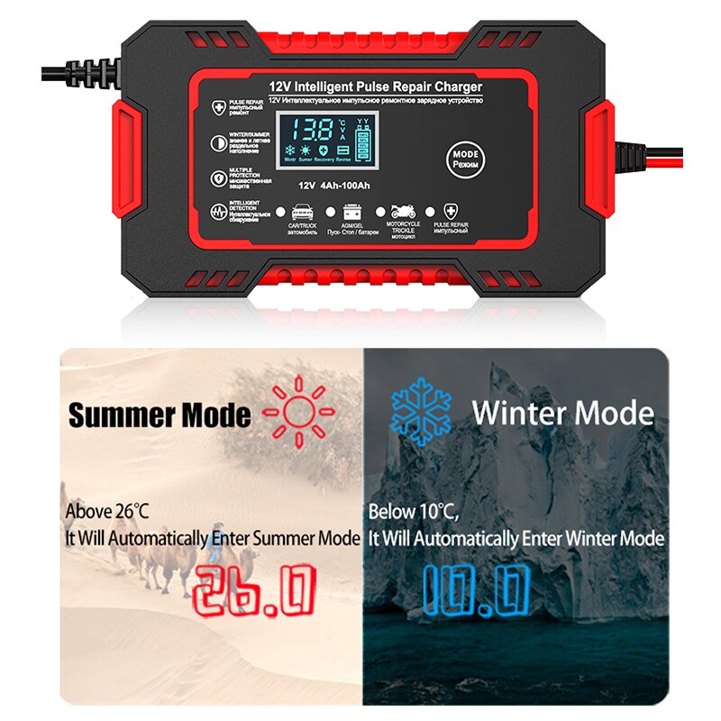 Compact 12V 6A Auto Battery Charger with LCD Screen