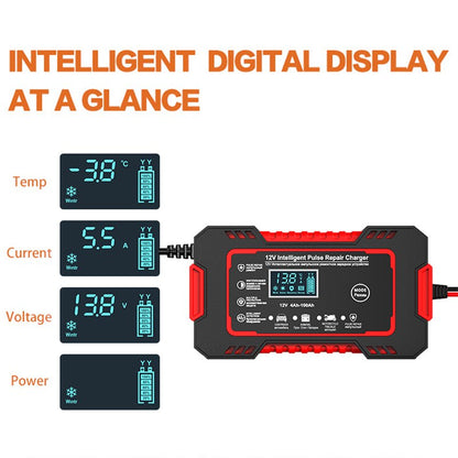 Compact 12V 6A Auto Battery Charger with LCD Screen