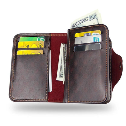 Large-capacity Tri-fold Men’s Wallet in Leather with Multiple Compartments, Snap Button Closure and a Compact, Easy-to-Carry Design
