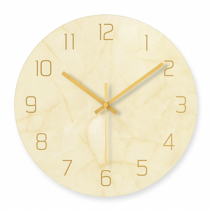 Wooden wall clock with gold hands on a white background