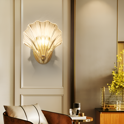Decorative wall sconce in a stylish interior setting with a chair and table.
