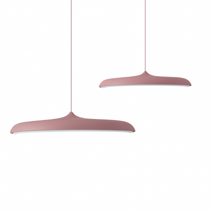 Two pink pendant lights on a white background