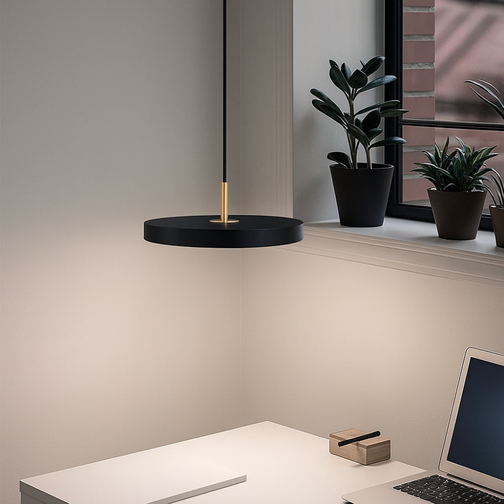 Sleek Round LED Pendant Light - Adjustable Black Ceiling Fixture - Pexav