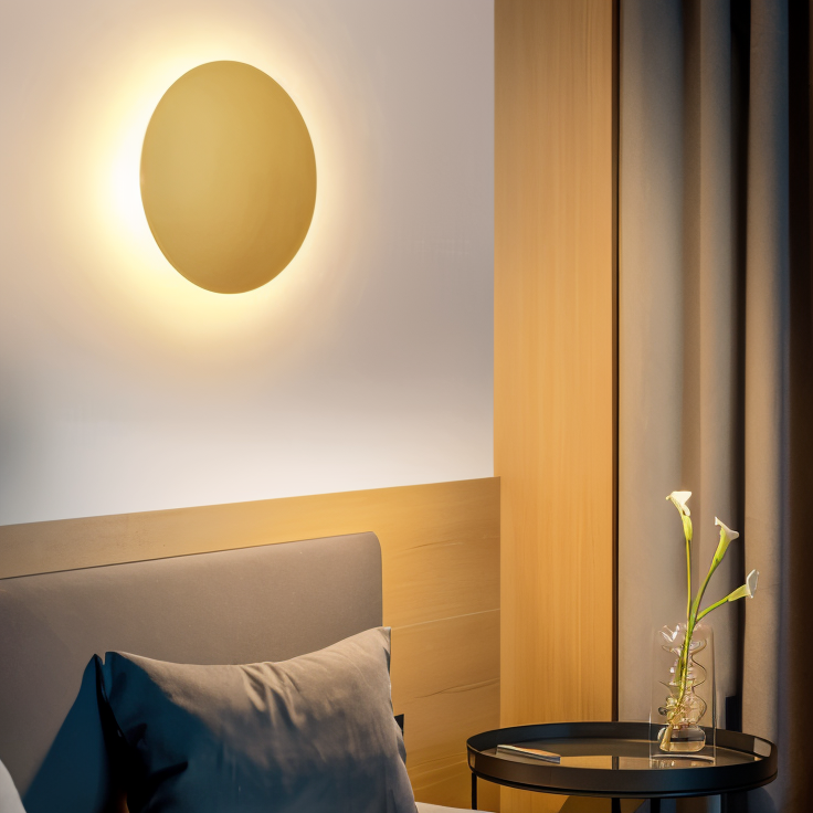 Modern bedroom with round wall light, bed, and side table with flowers.