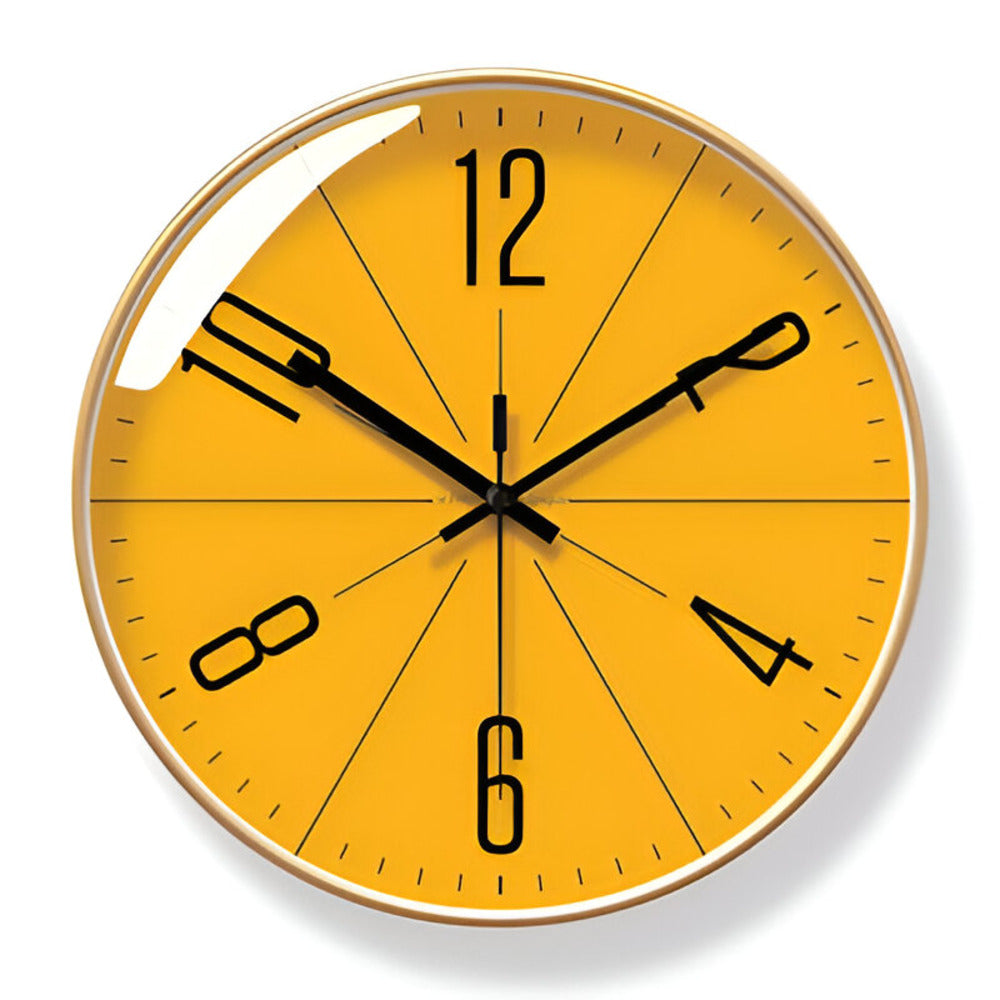 Yellow wall clock with black numbers and hands on a white background