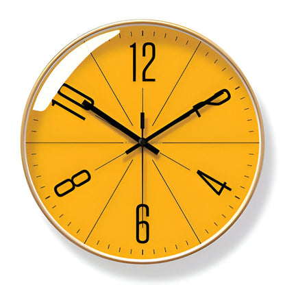 Yellow wall clock with black numbers and hands on a white background