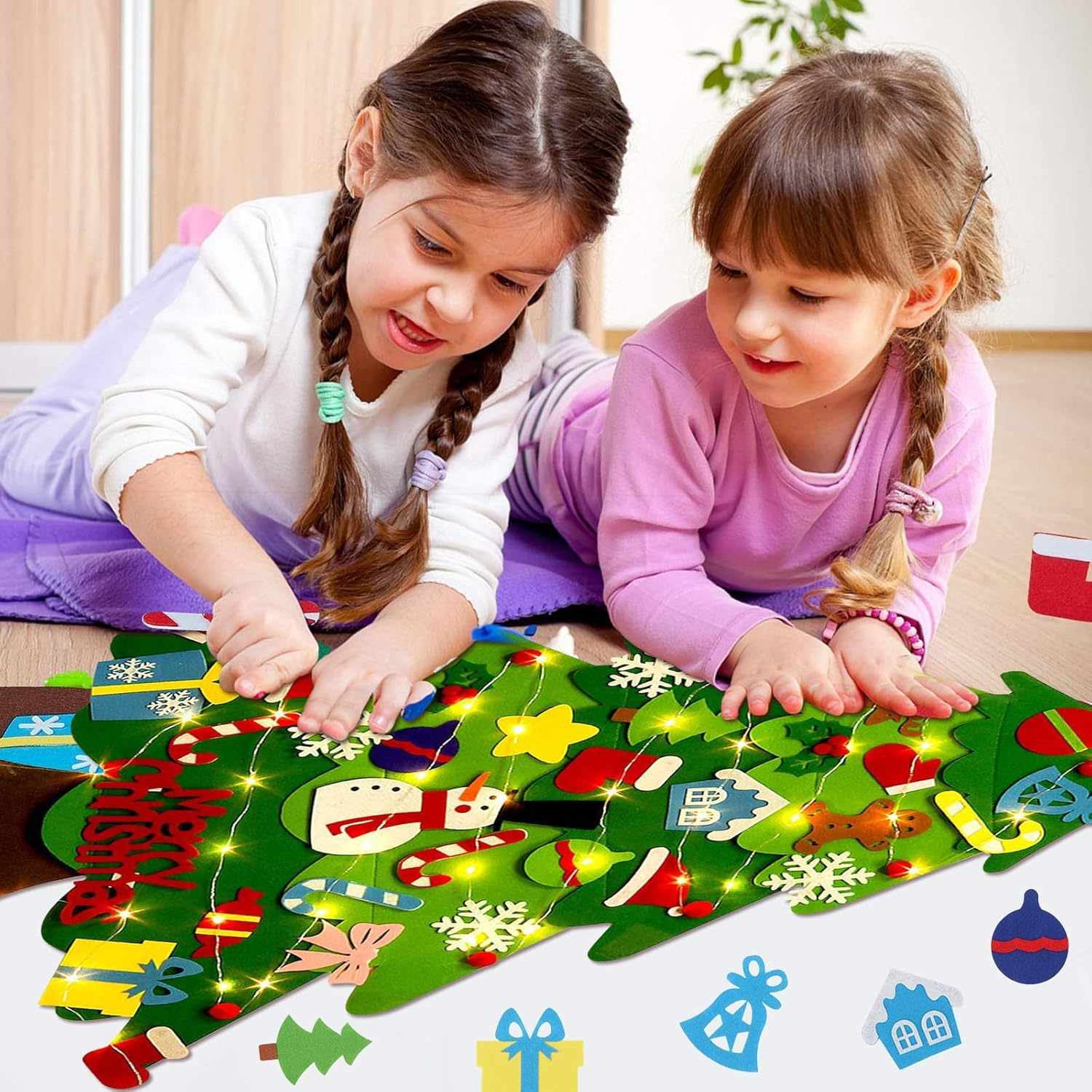 Montessori Felt Christmas Tree With String Lights, 30+ Ornaments, Wall Xmas Decor, Safe for 1+