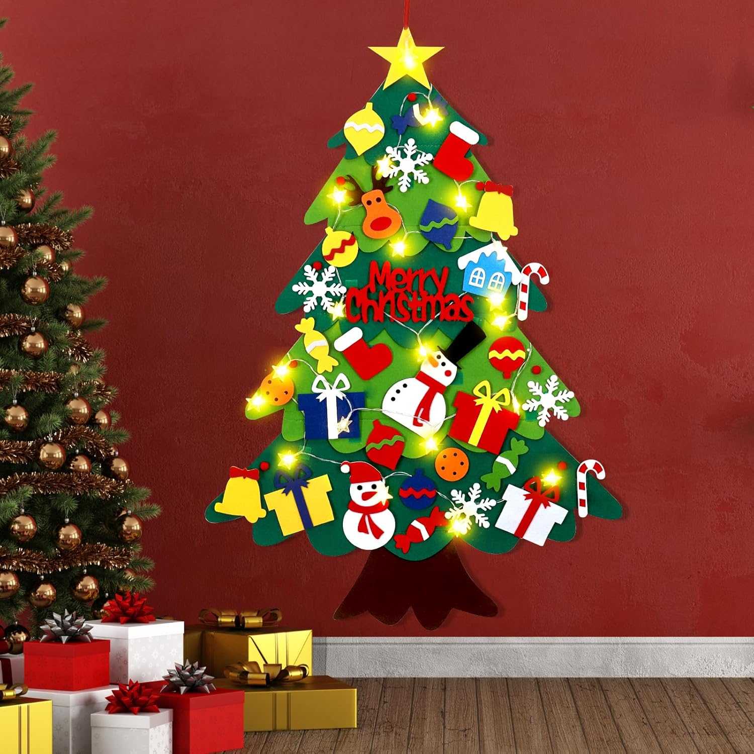 Montessori Felt Christmas Tree With String Lights, 30+ Ornaments, Wall Xmas Decor, Safe for 1+