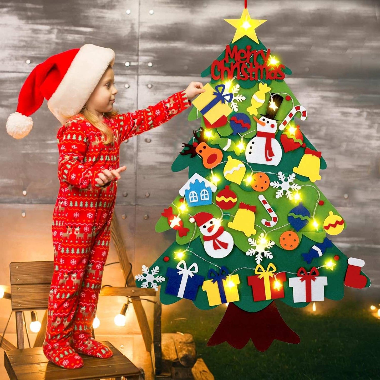 Montessori Felt Christmas Tree With String Lights, 30+ Ornaments, Wall Xmas Decor, Safe for 1+