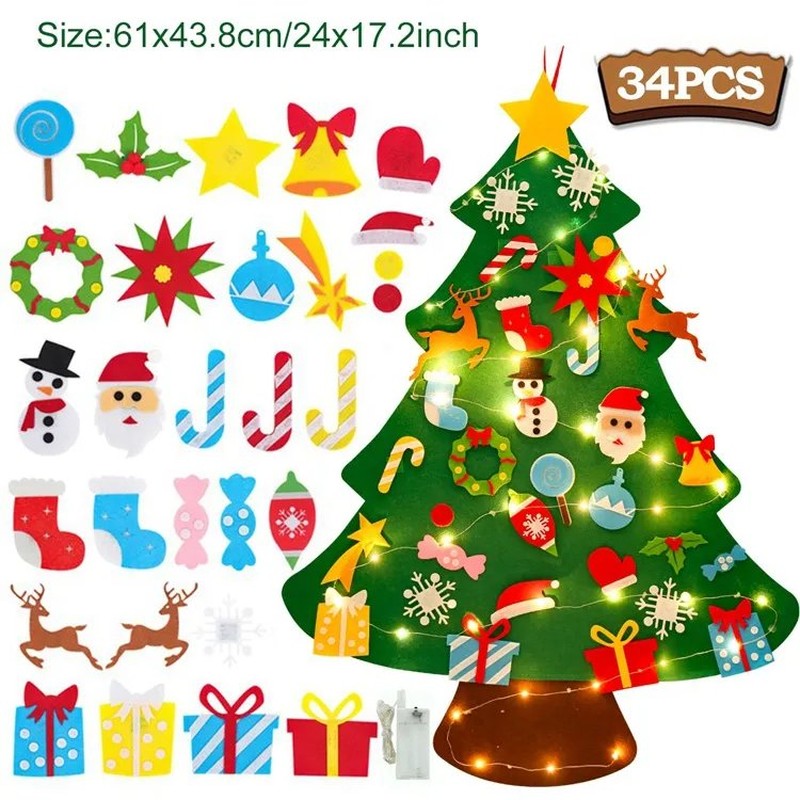 Montessori Felt Christmas Tree With String Lights, 30+ Ornaments, Wall Xmas Decor, Safe for 1+