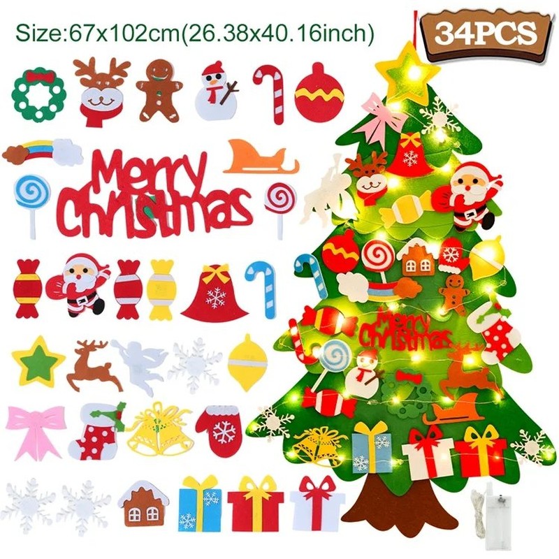 Montessori Felt Christmas Tree With String Lights, 30+ Ornaments, Wall Xmas Decor, Safe for 1+