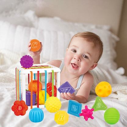 Montessori Sensory Toy with Soft Rubber Blocks, Shape & Letter Recognition, Safe for Babies 1 Month+