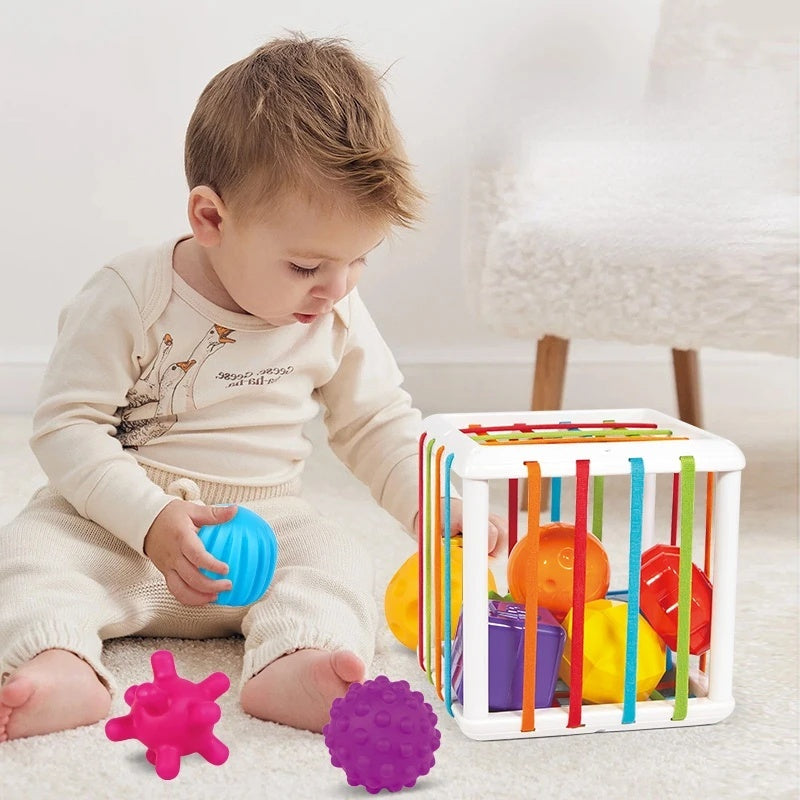 Montessori Sensory Toy with Soft Rubber Blocks, Shape & Letter Recognition, Safe for Babies 1 Month+