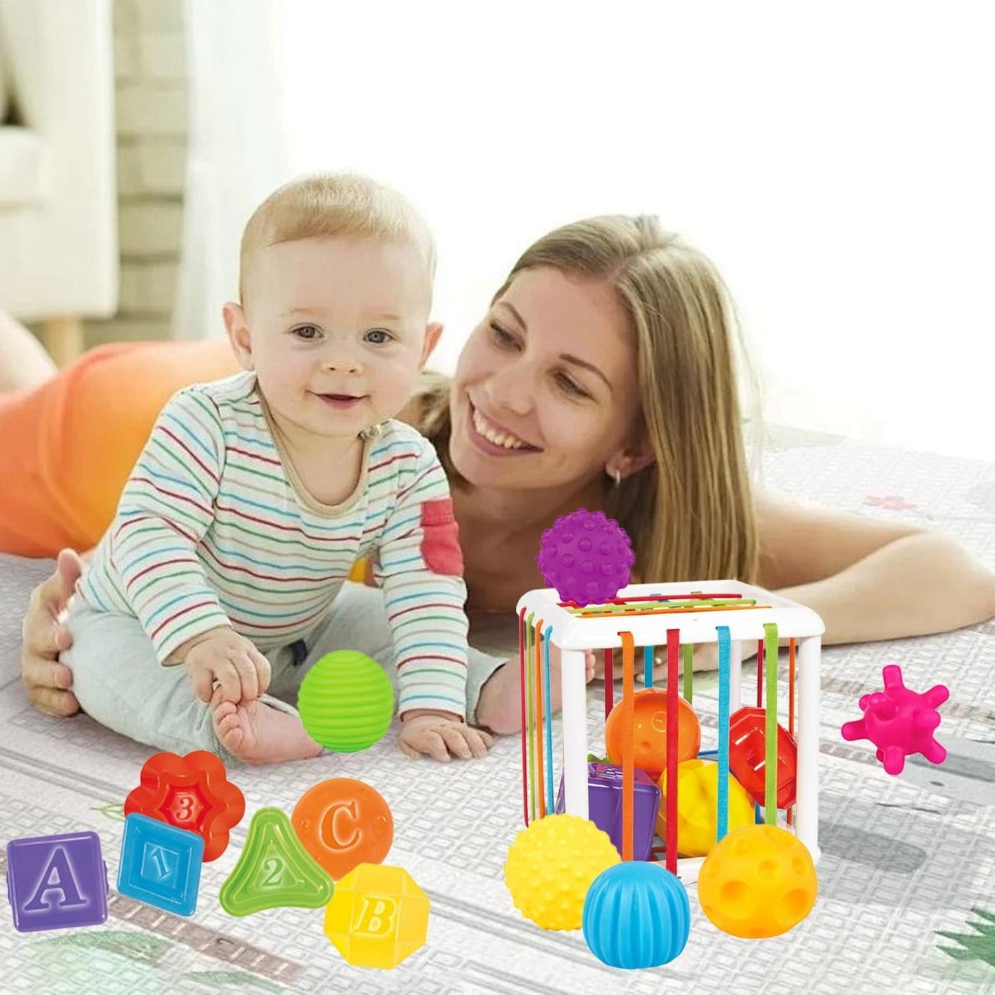 Montessori Sensory Toy with Soft Rubber Blocks, Shape & Letter Recognition, Safe for Babies 1 Month+