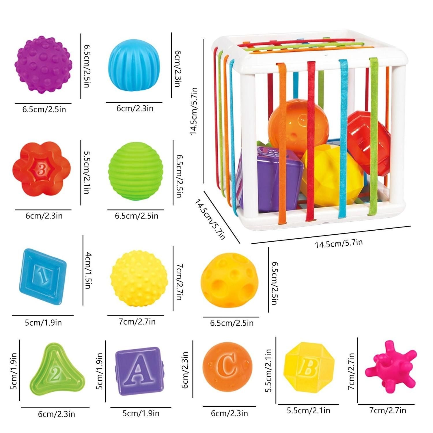 Montessori Sensory Toy with Soft Rubber Blocks, Shape & Letter Recognition, Safe for Babies 1 Month+