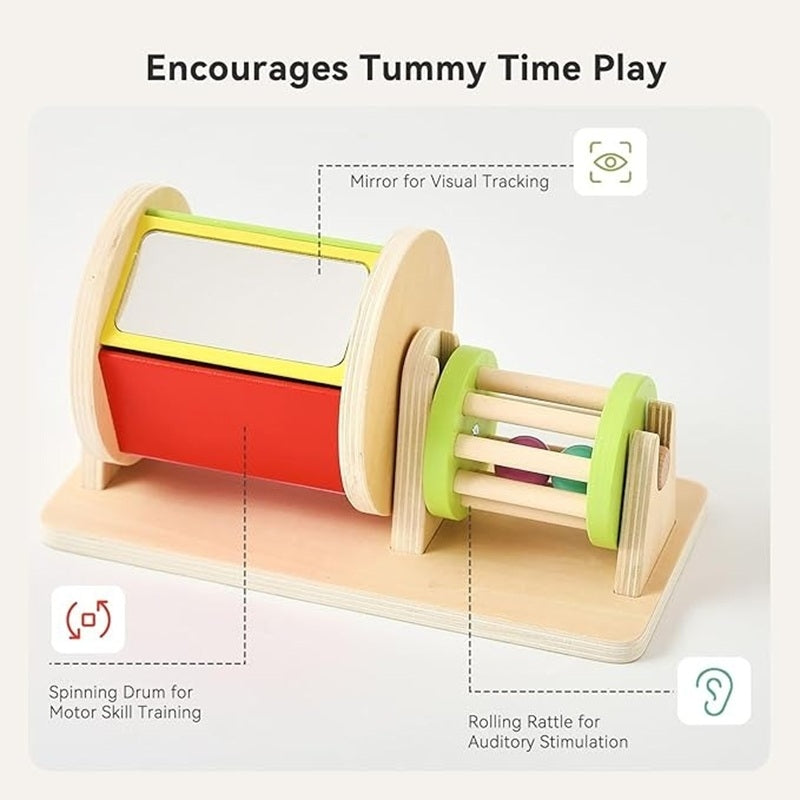 Montessori Wooden Rolling Drum Toy with Acrylic Mirror, Calming Sound, Safe for Ages 3+