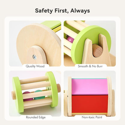 Montessori Wooden Rolling Drum Toy with Acrylic Mirror, Calming Sound, Safe for Ages 3+