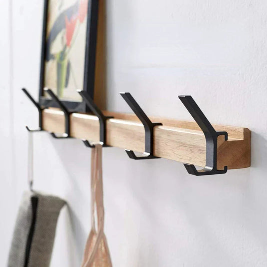 Space Saving Wooden Hook Rack with 5 Adjustable Hooks - Pexav