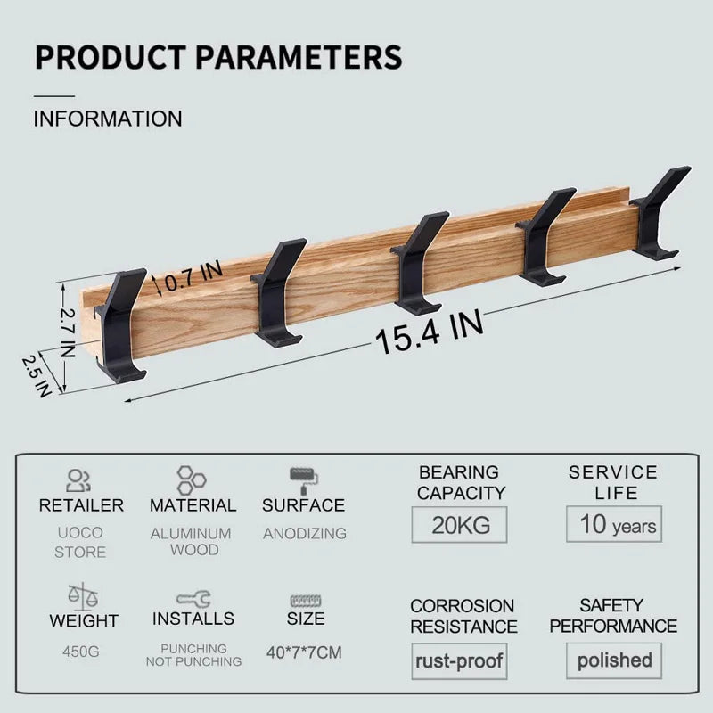 Space Saving Wooden Hook Rack with 5 Adjustable Hooks