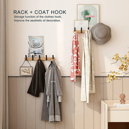 Space Saving Wooden Hook Rack with 5 Adjustable Hooks