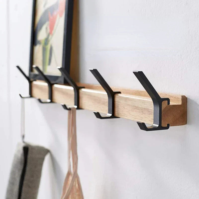 Space Saving Wooden Coat Rack with Hooks - Black - Pexav