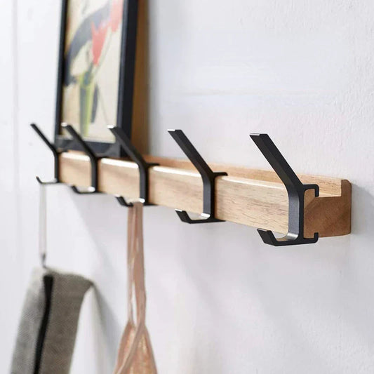 Space Saving Wooden Coat Rack with Hooks - Black - Pexav