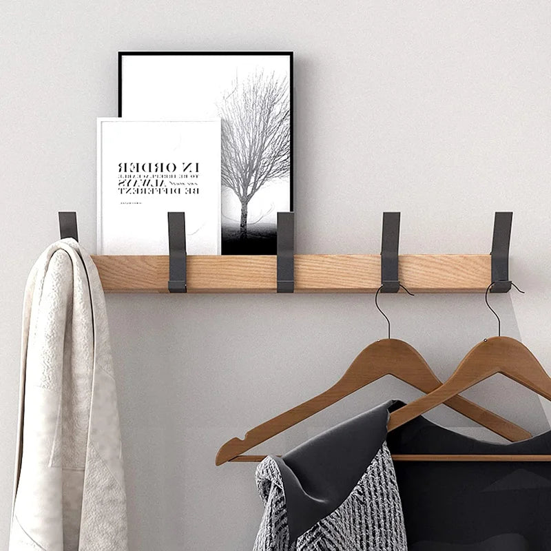 Space Saving Wooden Hook Rack with 5 Adjustable Hooks