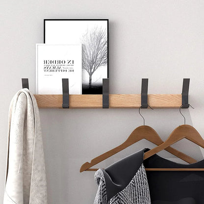 Space Saving Wooden Hook Rack with 5 Adjustable Hooks