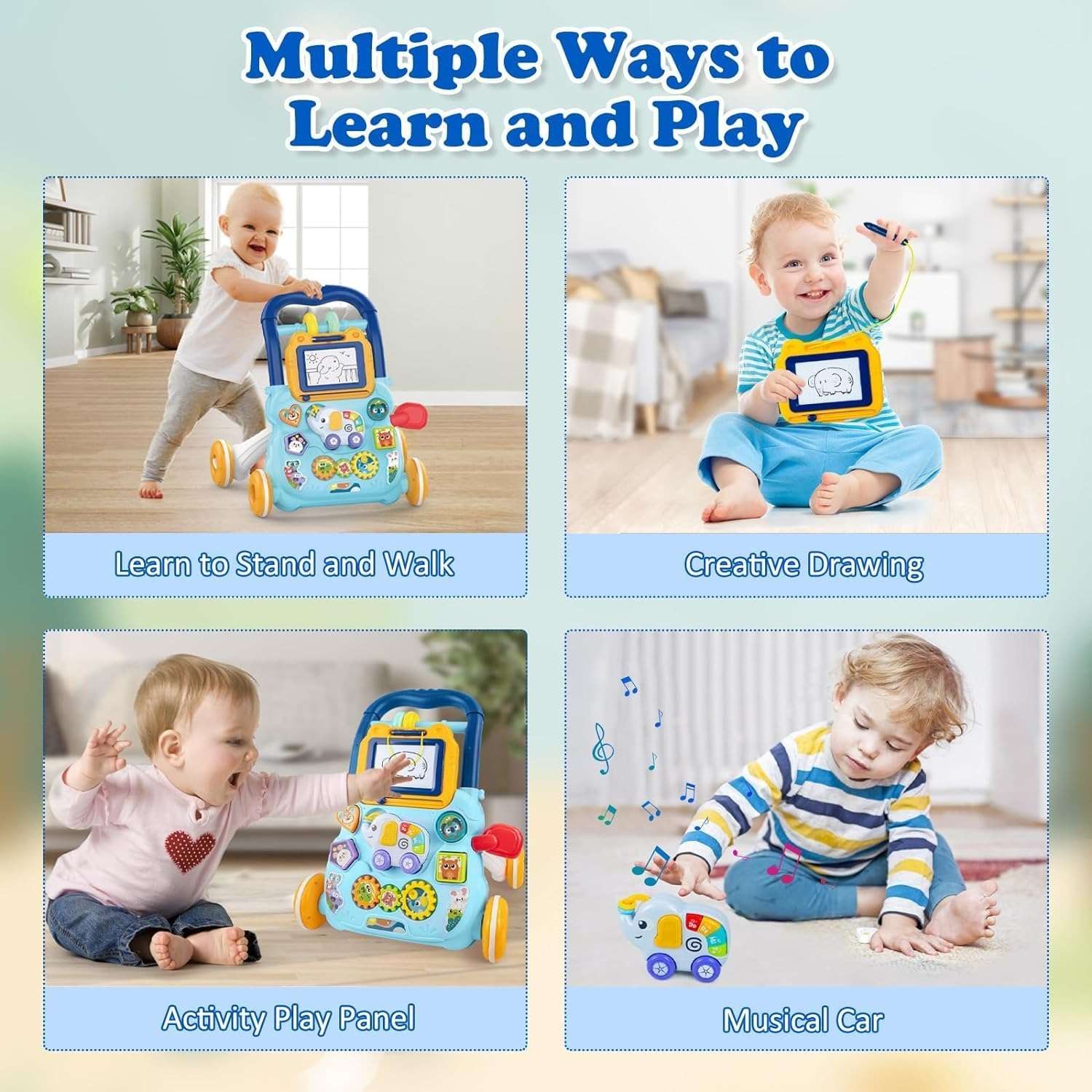 Multifunctional Push Walker Toy with Sound, Lights, Drawing Board, and Activity Panel, Safe for Ages 1+