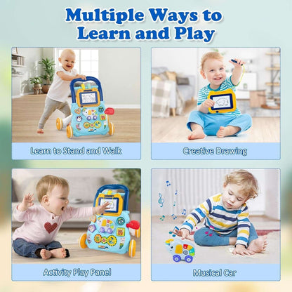 Multifunctional Push Walker Toy with Sound, Lights, Drawing Board, and Activity Panel, Safe for Ages 1+