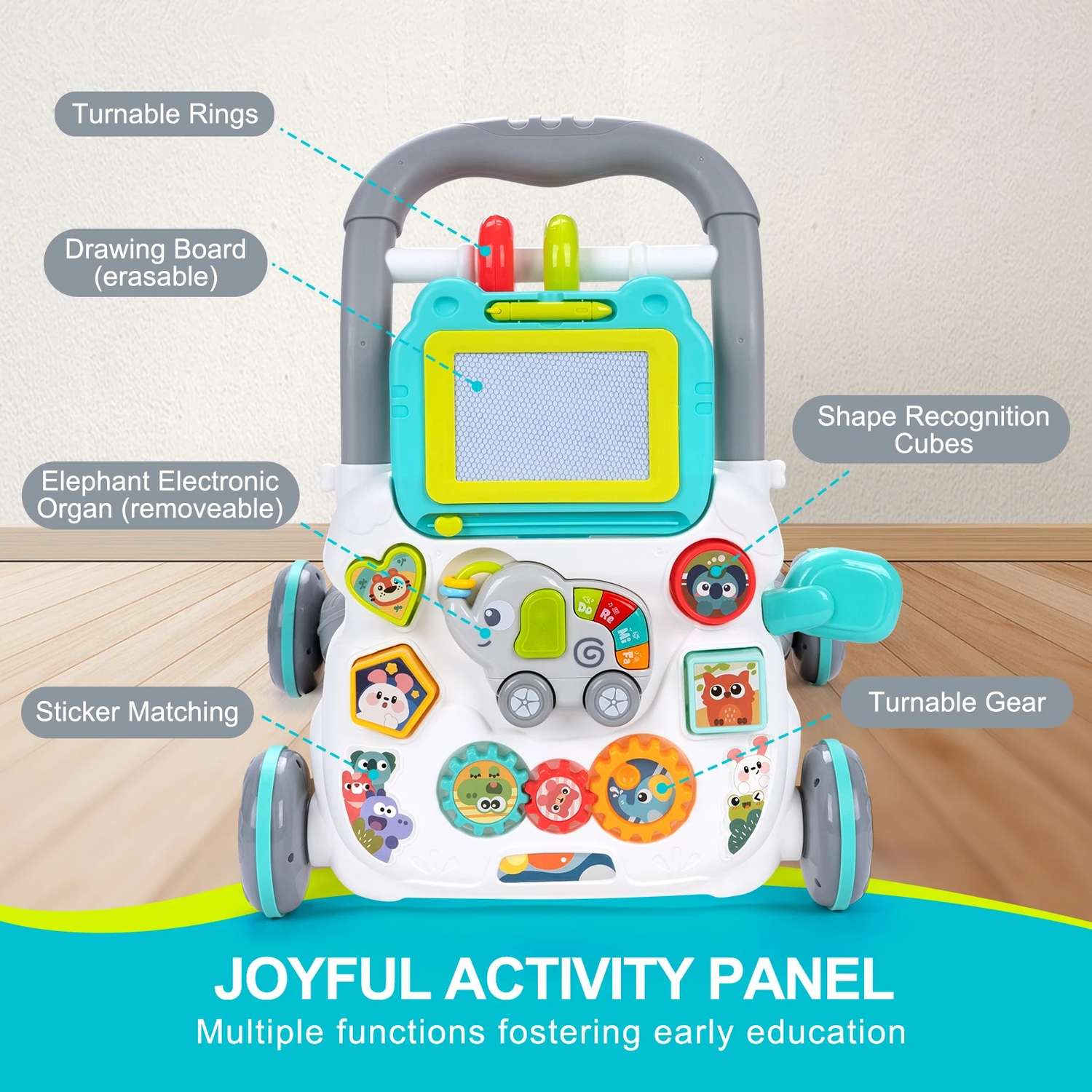 Multifunctional Push Walker Toy with Sound, Lights, Drawing Board, and Activity Panel, Safe for Ages 1+