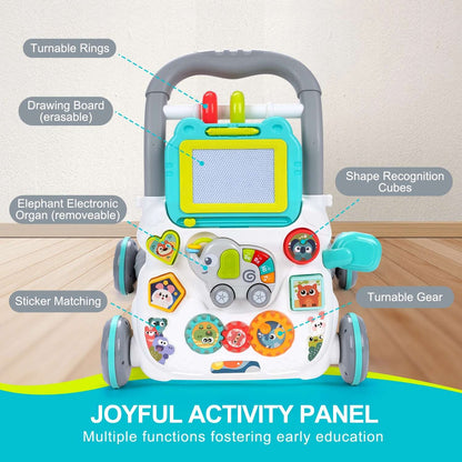 Multifunctional Push Walker Toy with Sound, Lights, Drawing Board, and Activity Panel, Safe for Ages 1+