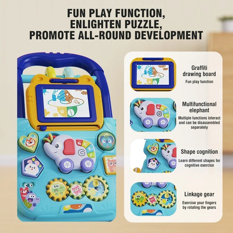 Multifunctional Push Walker Toy with Sound, Lights, Drawing Board, and Activity Panel, Safe for Ages 1+