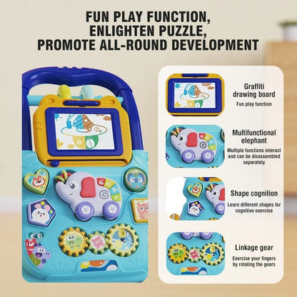 Multifunctional Push Walker Toy with Sound, Lights, Drawing Board, and Activity Panel, Safe for Ages 1+