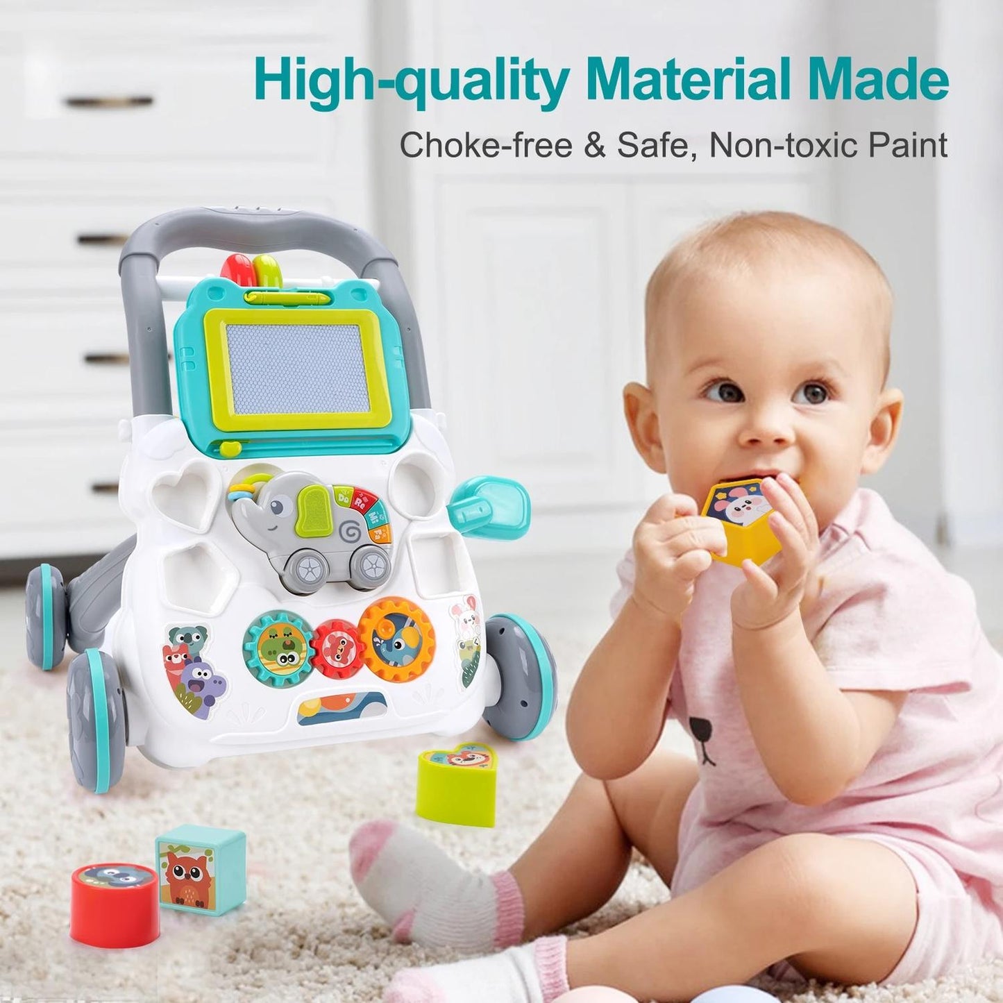 Multifunctional Push Walker Toy with Sound, Lights, Drawing Board, and Activity Panel, Safe for Ages 1+