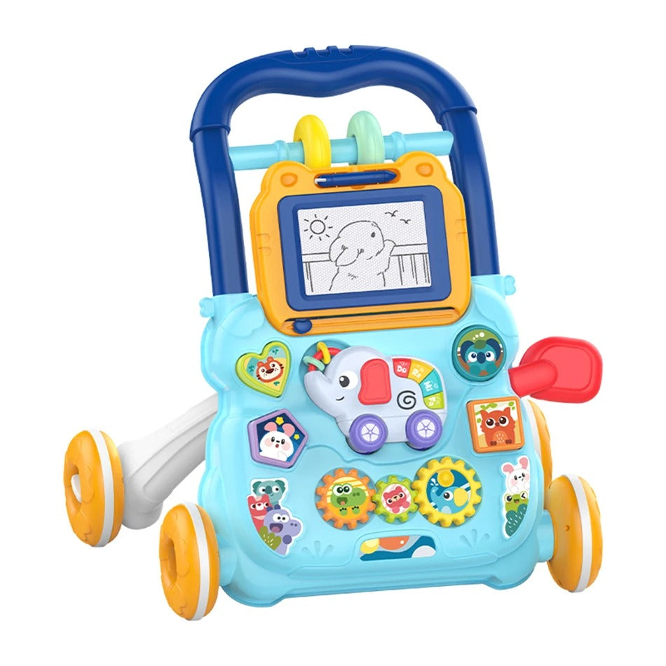 Multifunctional Push Walker Toy with Sound, Lights, Drawing Board, and Activity Panel, Safe for Ages 1+
