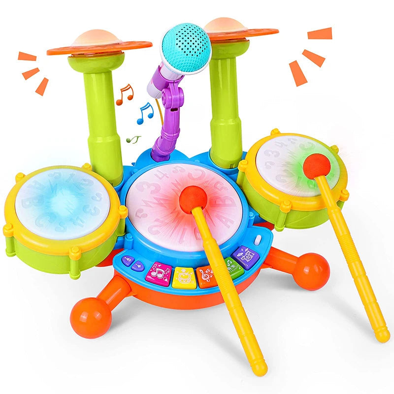 Colorful Kids Drum Set with Lights and Mic - Pexav