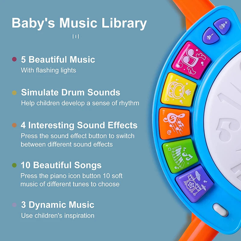 Musical Drum Set Toy with Flashing Lights & Microphone, 5 Fun Music Modes, Safe for Ages 1+