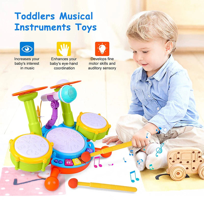 Musical Drum Set Toy with Flashing Lights & Microphone, 5 Fun Music Modes, Safe for Ages 1+