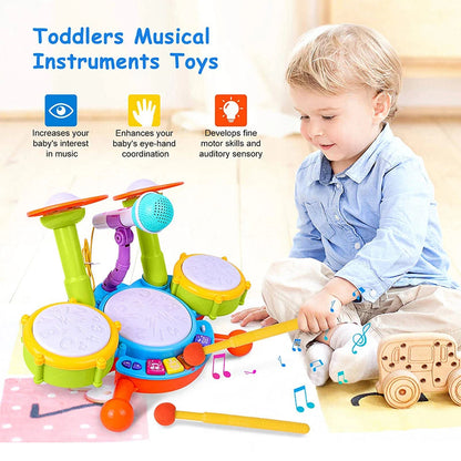 Musical Drum Set Toy with Flashing Lights & Microphone, 5 Fun Music Modes, Safe for Ages 1+