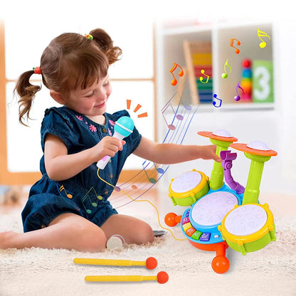 Musical Drum Set Toy with Flashing Lights & Microphone, 5 Fun Music Modes, Safe for Ages 1+