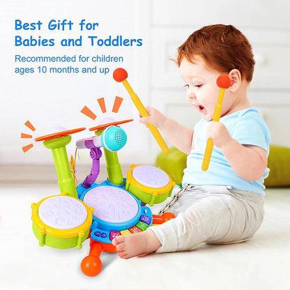 Musical Drum Set Toy with Flashing Lights & Microphone, 5 Fun Music Modes, Safe for Ages 1+