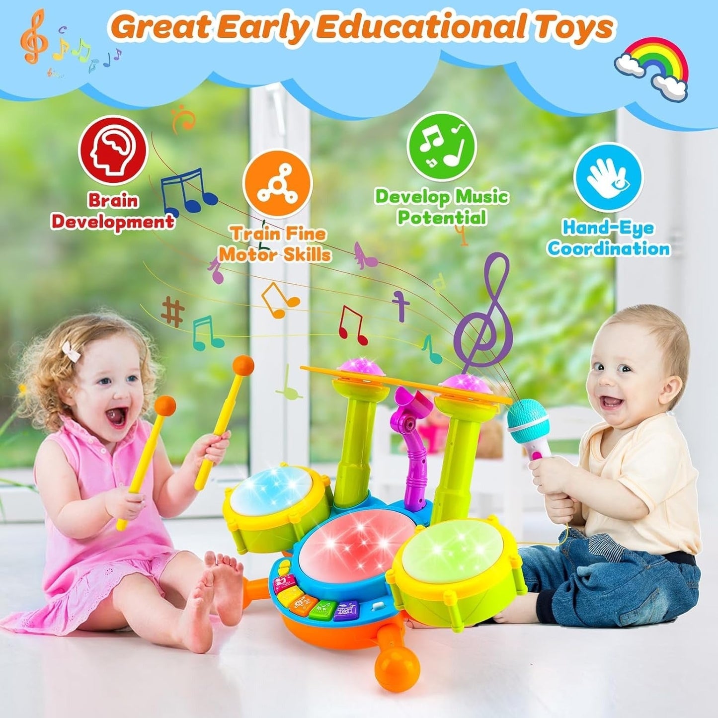 Musical Drum Set Toy with Flashing Lights & Microphone, 5 Fun Music Modes, Safe for Ages 1+