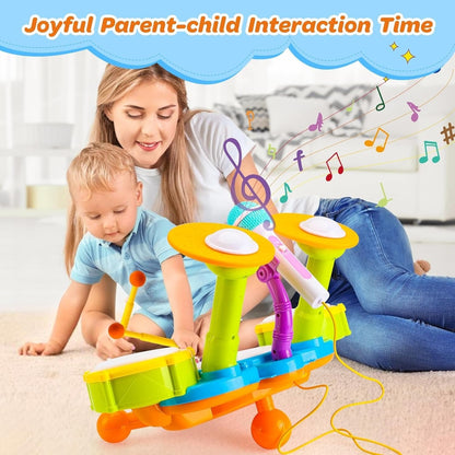 Musical Drum Set Toy with Flashing Lights & Microphone, 5 Fun Music Modes, Safe for Ages 1+
