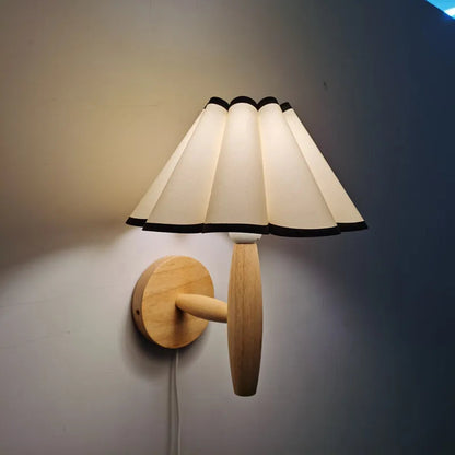 Rustic Wooden Wall Light with Soft Fabric Shade - Pexav