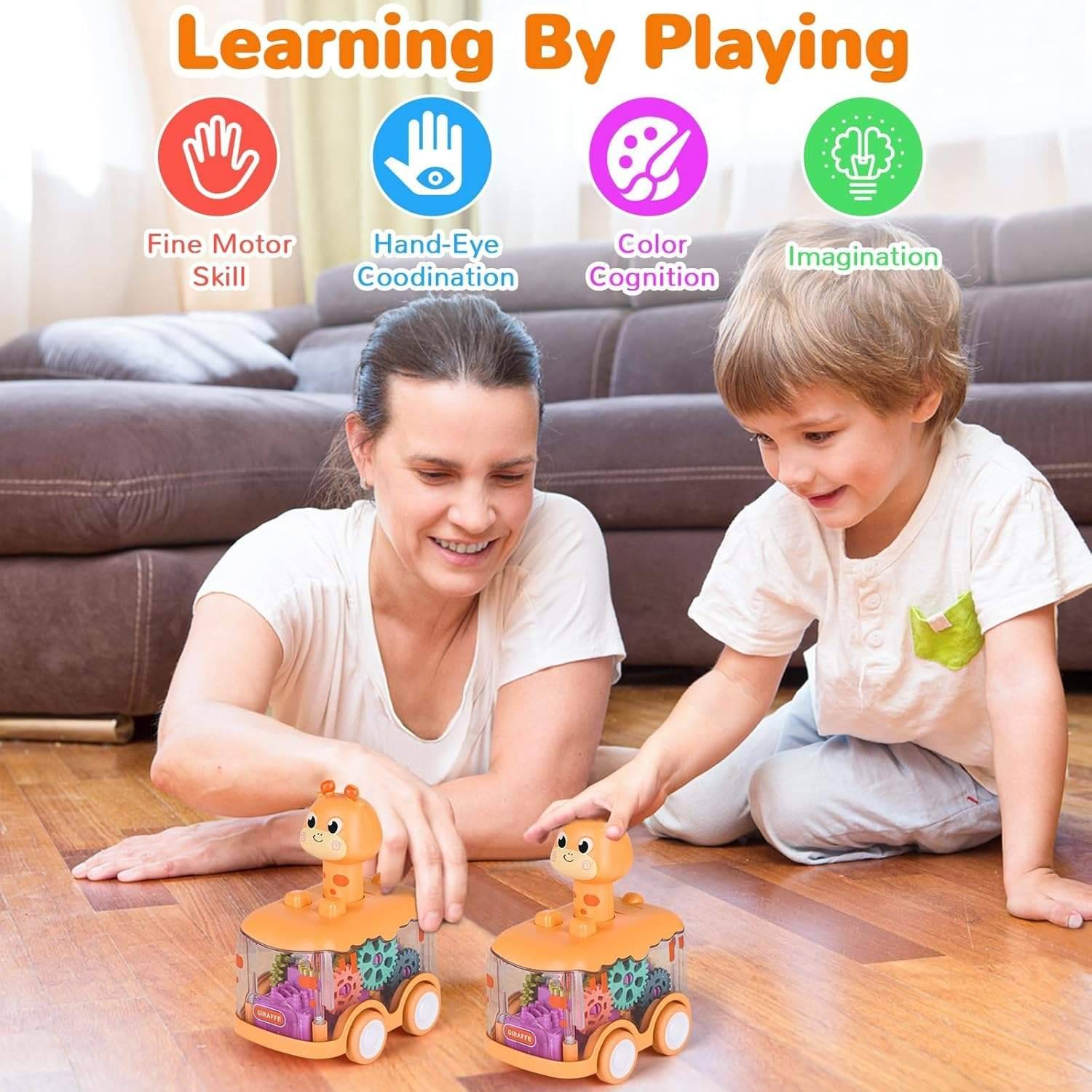 Press Gear Animal Car with Inertial Motion, Light-Up Fun, Educational Play, Safe for Ages 1+