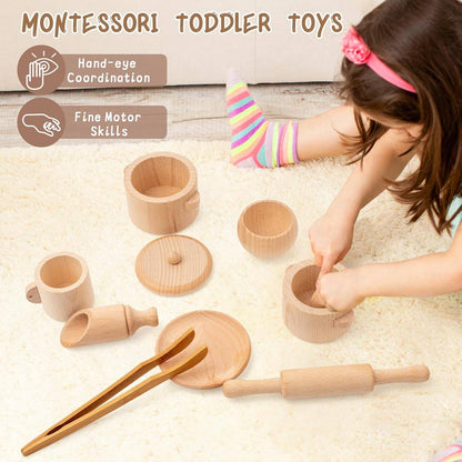 Pretend Play Kitchen Made of Natural Wood, Realistic Simulation, Develops Sensory Skills, Safe for Ages 3+