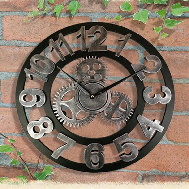 Decorative wall clock with gear design on a brick wall background