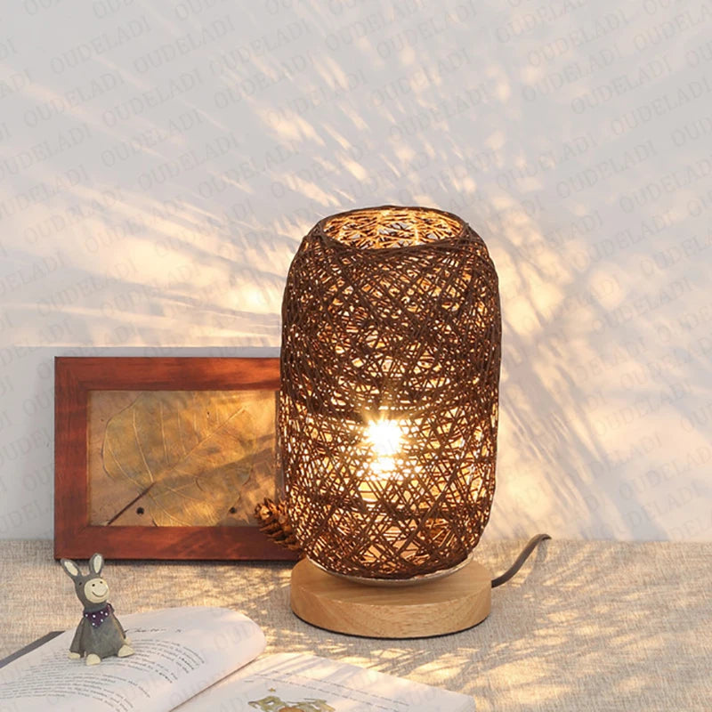 Rattan Bedside Lamp with Wooden Base – Handcrafted Natural Design for Bedroom, Cozy Table Lamp for Nightstand 3
